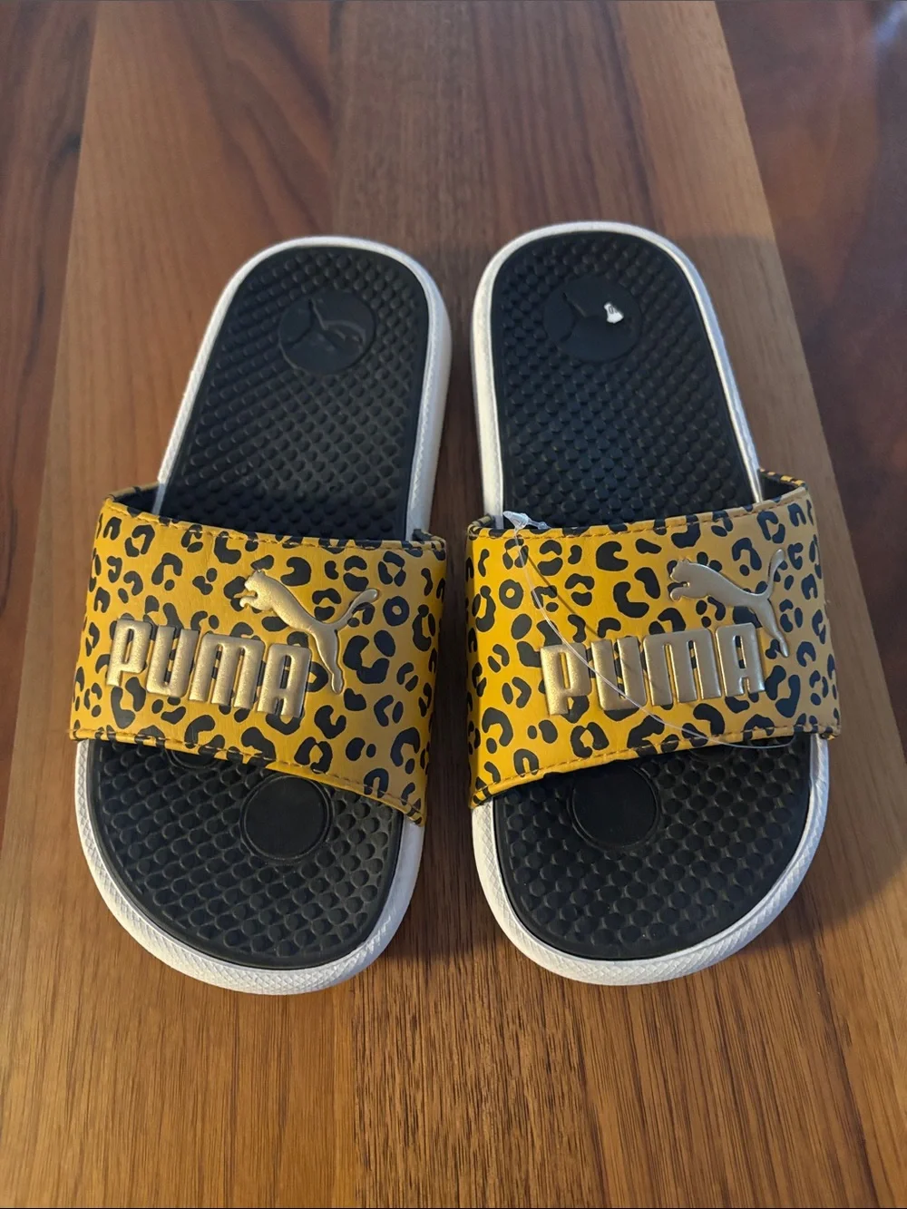 Puma Kids Leopard Print Yellow Slide Sandals with Gold Logo